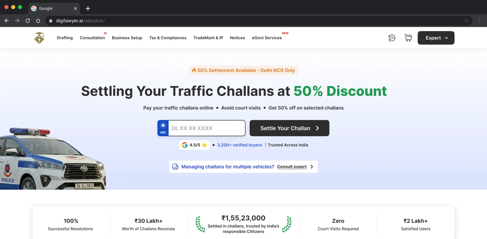The top of the redesigned DigiLawyer challan page: a single vehicle-number field beside a Settle Your Challan button, above the results summary.