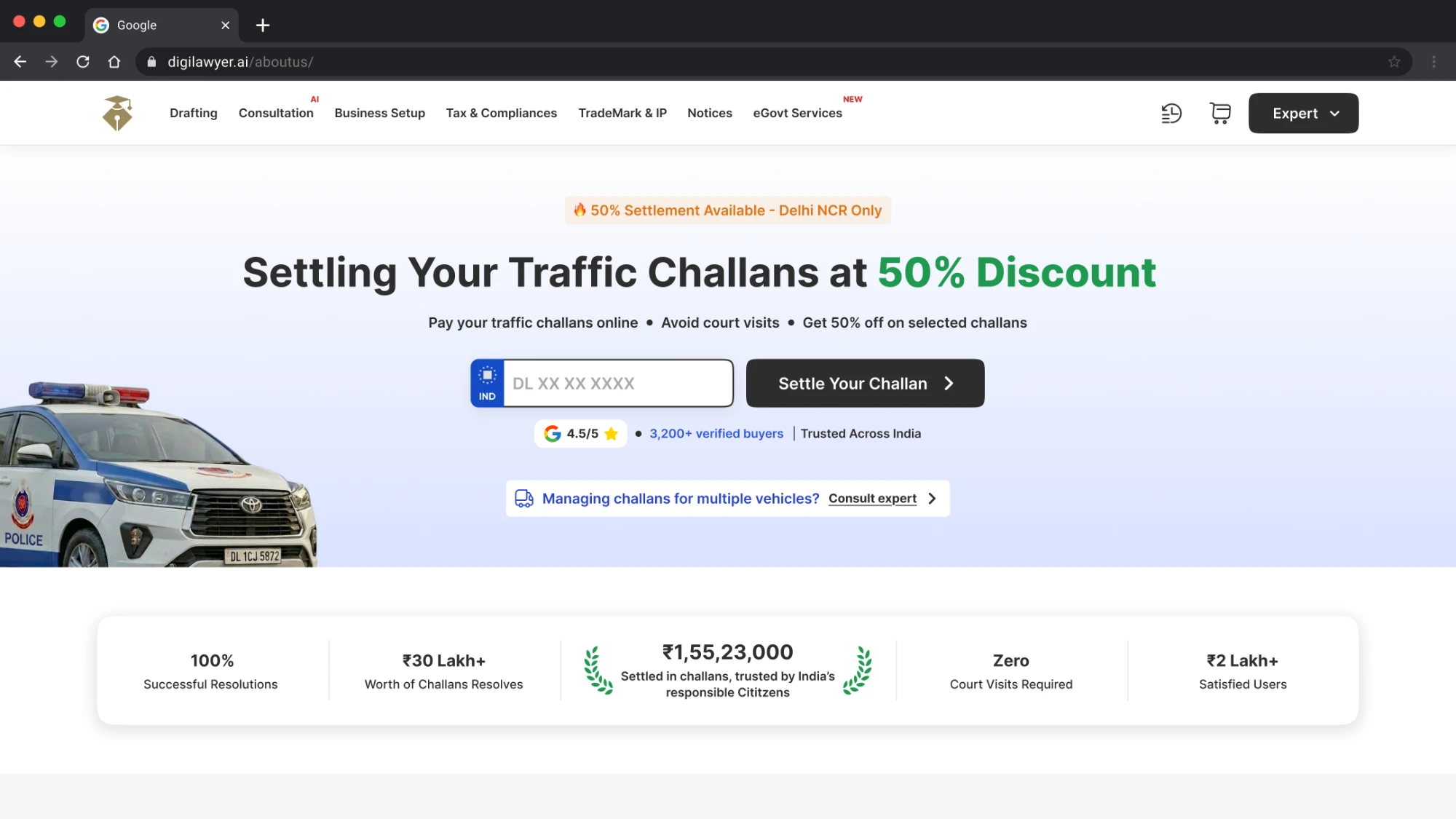 The challan page: a single vehicle-number field beside a Settle Your Challan button, above the results summary.