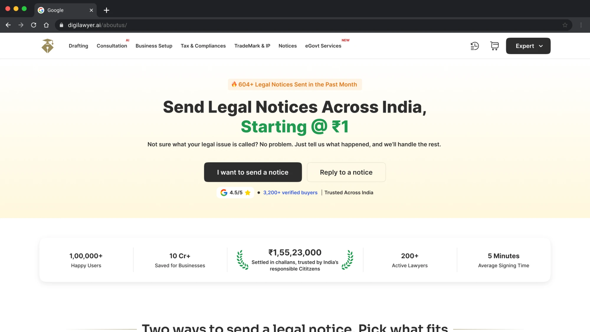 The Notices Hub listing page: a headline offering legal notices from one rupee, above search and category filters.