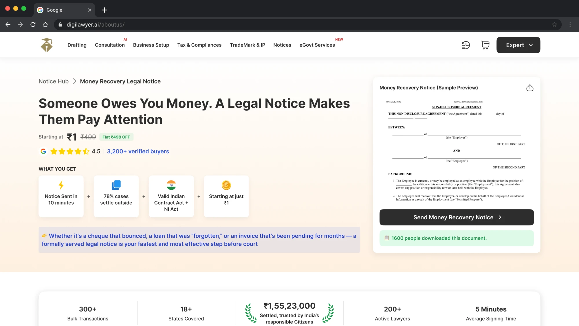 The money recovery notice page: the service explained beside a sample notice and a send button.