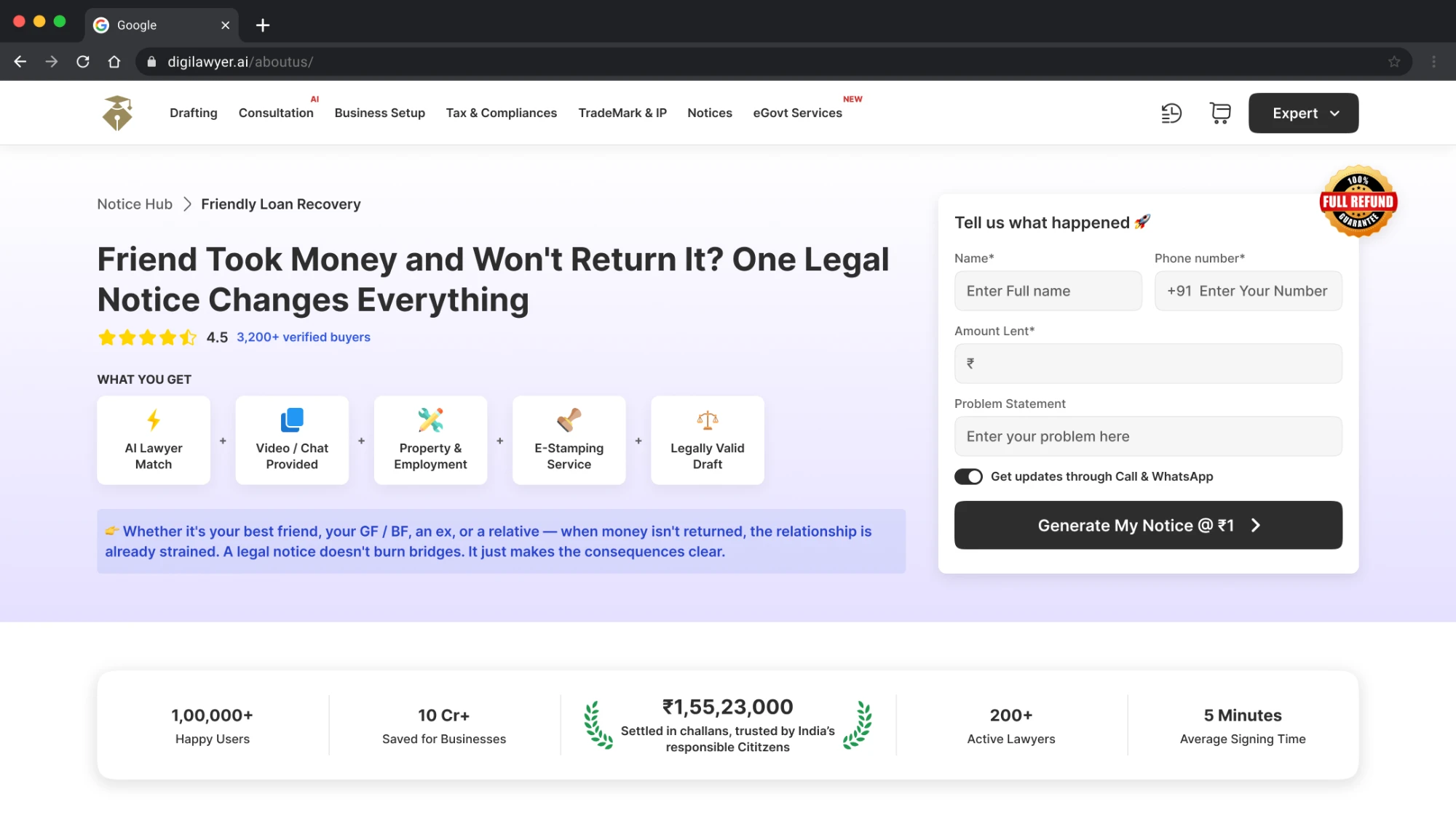 The friendly loan recovery page: a headline about money a friend has not returned, beside a form asking what happened.