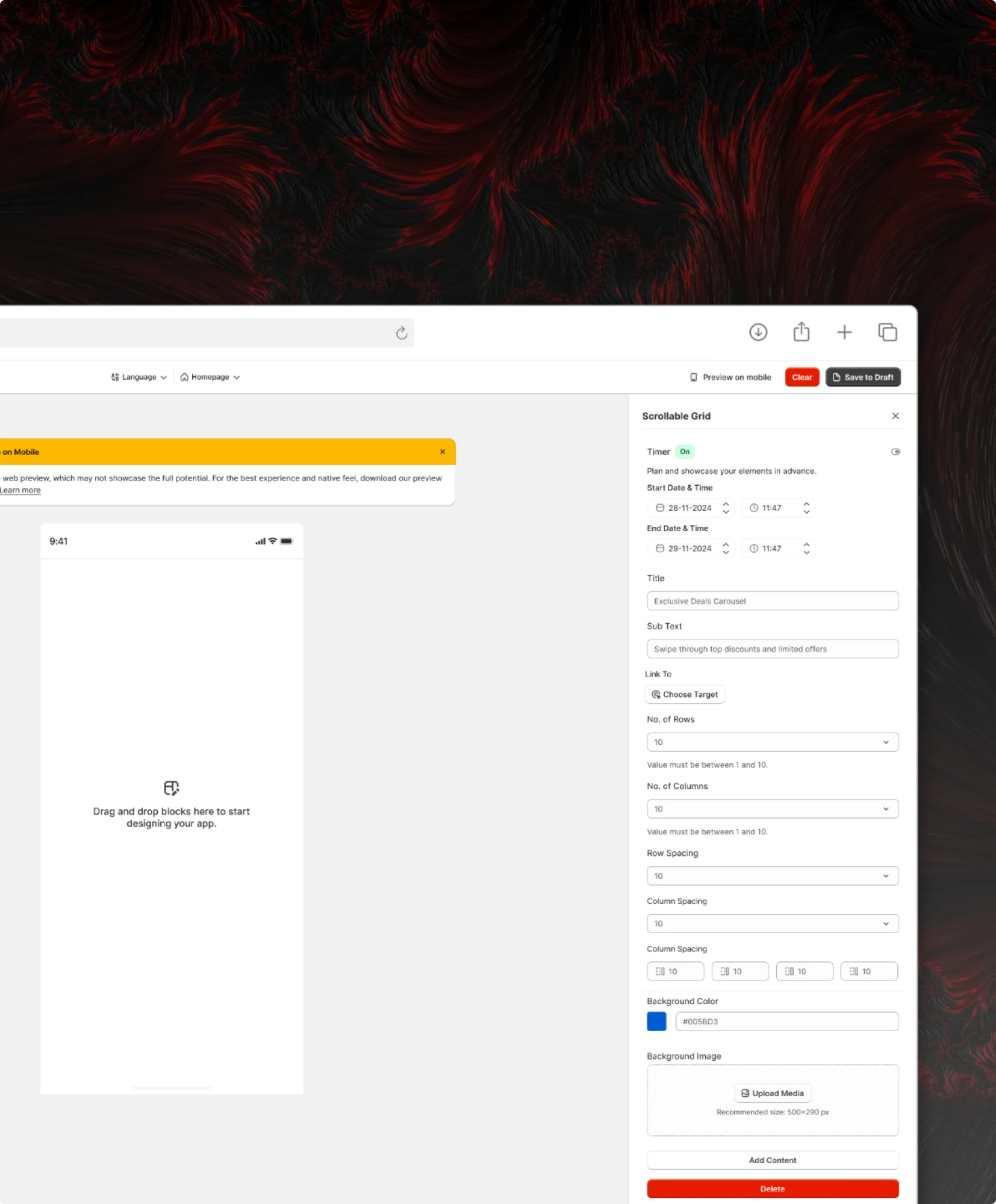 A drag-and-drop app builder: the settings panel for a Scrollable Grid block, beside an empty phone canvas waiting for blocks.