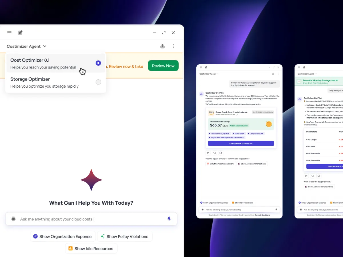 The Costimizer assistant: an agent picker offering a cost and a storage optimiser above a cloud-cost prompt, beside panels recommending an EC2 right-sizing with the projected monthly saving.