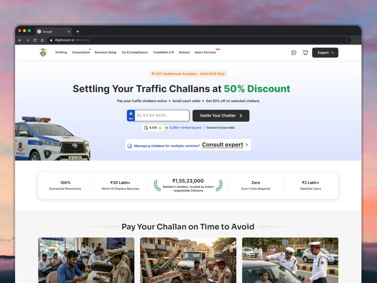 The redesigned DigiLawyer challan page in a browser window: a single vehicle-number field beside a Settle Your Challan button, above the results summary.