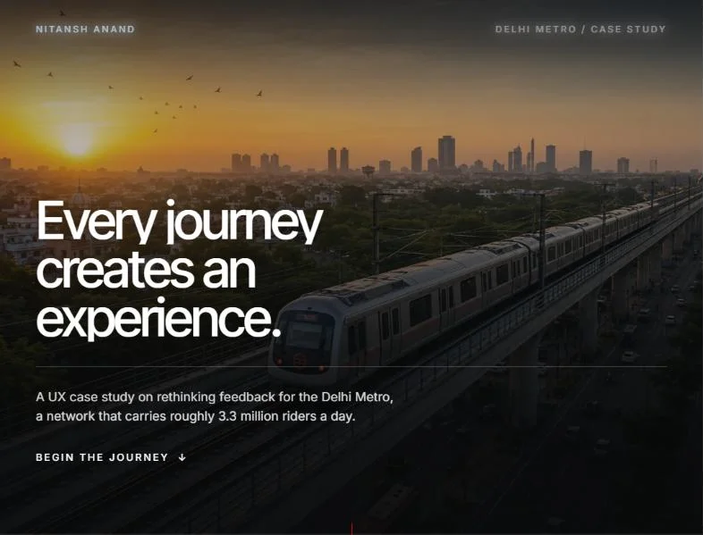 The MetroDost case study page: the headline Every journey creates an experience over a Delhi Metro train at sunset, above a line describing a network carrying 3.3 million riders a day.