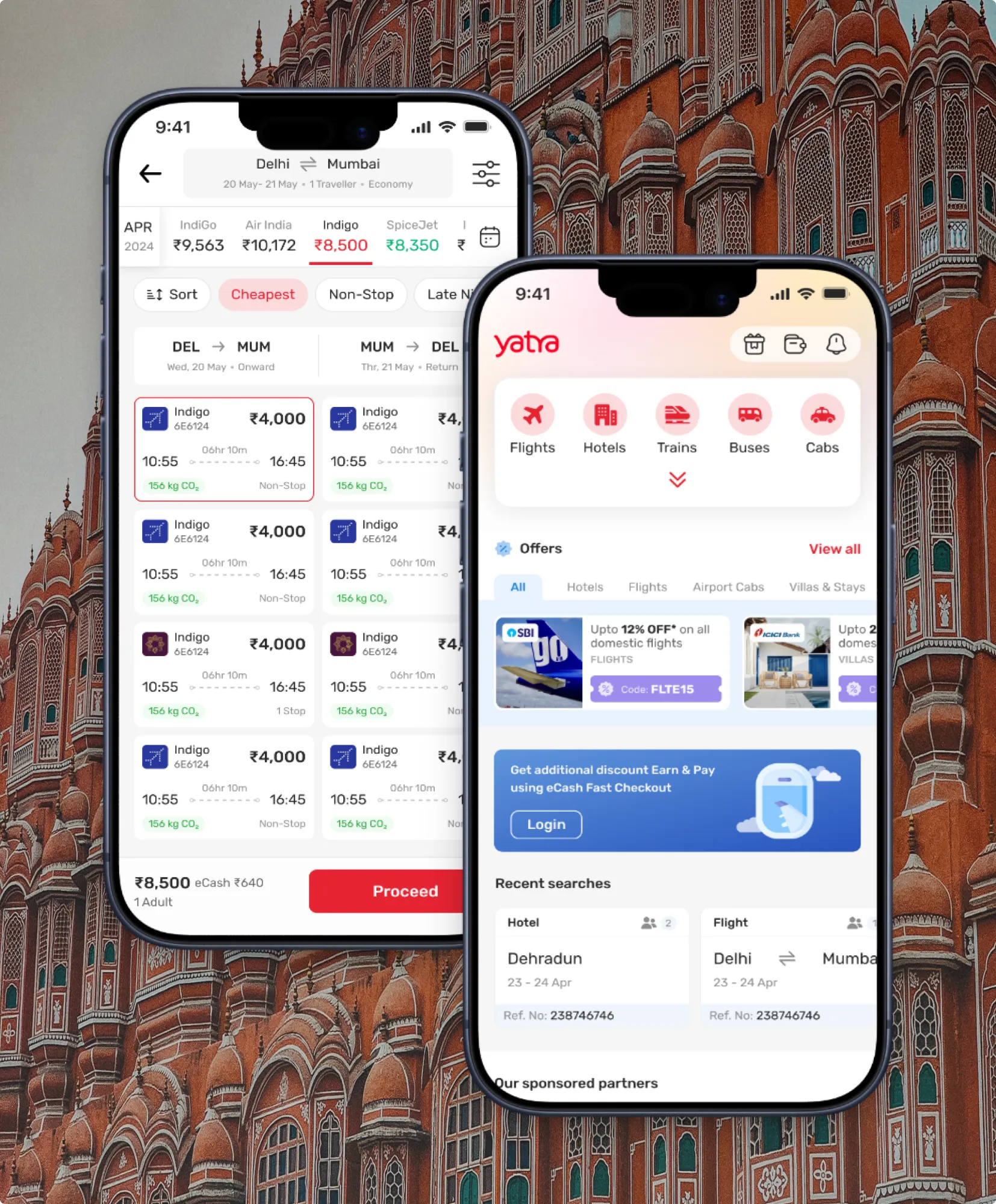 Two phone screens from the Yatra travel app: a Delhi to Mumbai flight list sorted by cheapest, each fare carrying its carbon figure, and the home screen with booking categories, offers and recent searches.